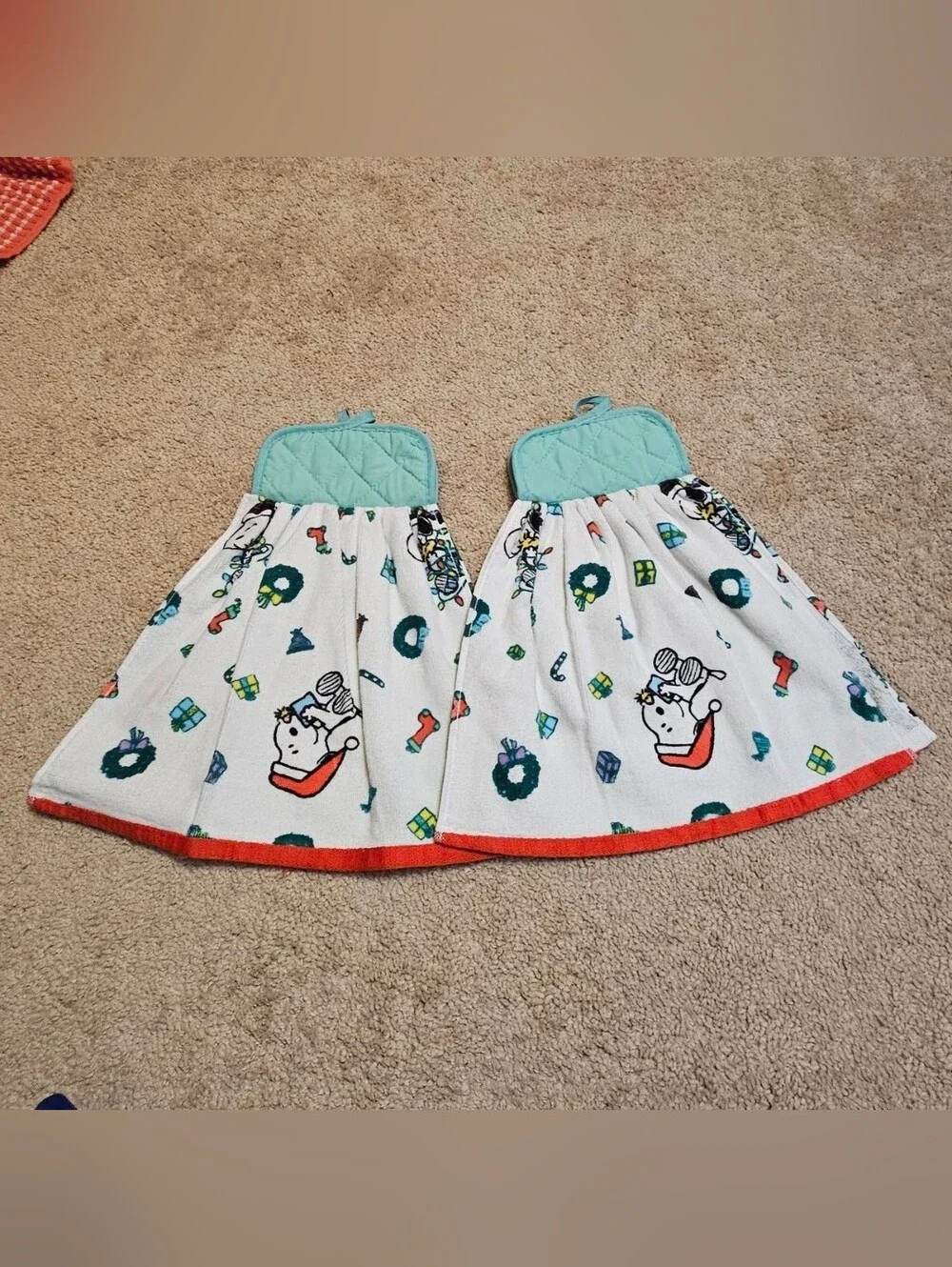 2 Handcrafted Towels Attached To Potholders | Snoopy | Christmas